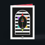 Menorah Shalom Greeting Card<br><div class="desc">This rainbow-hued menorah within an equally-colorful Star of David upon an arched,  black-and-white striped field is both eye-catching and classy.  Interior card says Shalom in English and Hebrew and is bordered and coordinated for your writing pleasure.  Enjoy!  ~ karyn</div>