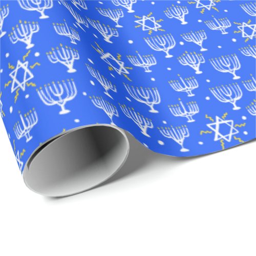 Menorah Star of David Hanukkah Pattern Blue Gift Wrapping Paper