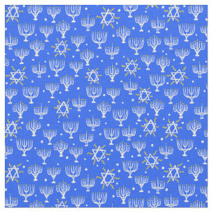 Menorah Star of David Hanukkah Pattern Blue White Fabric