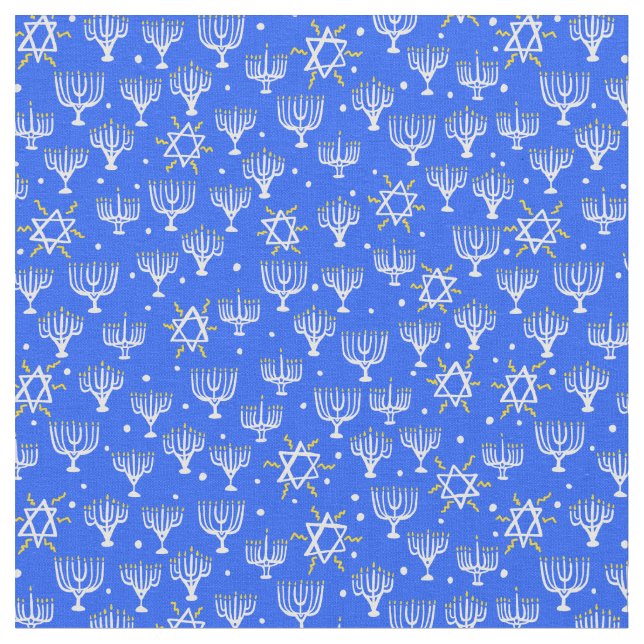 Menorah Star of David Hanukkah Pattern Blue White Fabric (Close Up)