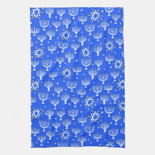 Menorah Star of David Hanukkah Pattern Blue White Kitchen Towel (Vertical)