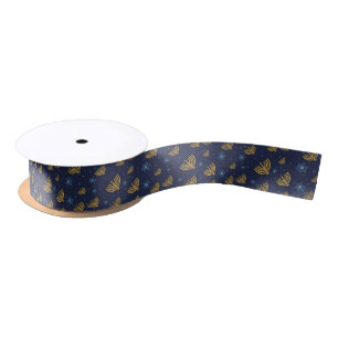 Menorah Star of David Pattern Navy Blue Hanukkah Satin Ribbon