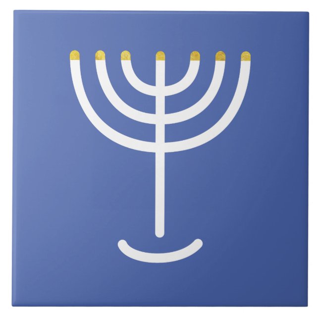 Menorah White Gold Blue Ceramic Tile (Front)