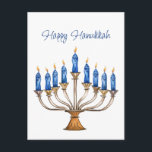 Menorah with Burning Candles Happy Hanukkah  Postcard<br><div class="desc">Watercolor menorah with blue burning candles.  Happy Hanukkah greeting can be changed.   AI assisted graphic purchased with commercial use.  Artwork:  CosmicMeta</div>