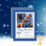 Menorah with Lights Happy Hanukkah Family Photo Holiday Card<br><div class="desc">Great for celebrating Hanukkah season,  this design features our original menorah vector graphic with script text calligraphy,  "Happy Hanukkah" greeting with your family photo along with your unique messaging.  Composite design by Holiday Hearts Designs (rights reserved).</div>