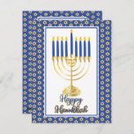 Menorah with Lights Happy Hanukkah Family Photo Holiday Card<br><div class="desc">Great for celebrating Hanukkah season,  this design features our original menorah vector graphic with script text calligraphy,  "Happy Hanukkah" greeting on front with your family photo on back along with your unique messaging.  Composite design by Holiday Hearts Designs (rights reserved).</div>