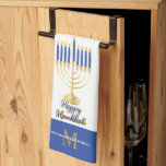 Menorah with Lights Happy Hanukkah Monogram Kitche Kitchen Towel<br><div class="desc">Great for celebrating Hanukkah season,  this design features our original menorah vector graphic with script text calligraphy,  "Happy Hanukkah" greeting.  Composite design by Holiday Hearts Designs (rights reserved).</div>