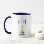 Menorah with Lights Happy Hanukkah Mug<br><div class="desc">Great for celebrating Hanukkah season,  this design features our original menorah vector graphic with script text calligraphy,  "Happy Hanukkah" greeting.  Composite design by Holiday Hearts Designs (rights reserved).</div>