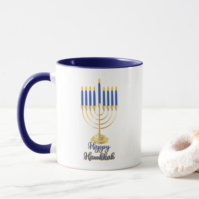 Menorah with Lights Happy Hanukkah Mug (With Donut)