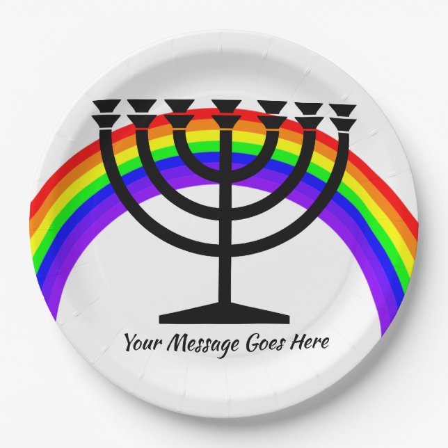 Menorah with Rainbow and Text Paper Plate (Front)