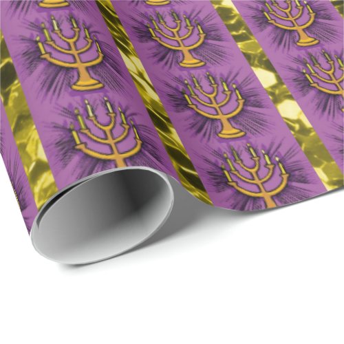 Menorahs Purple  Gold Faux Glitter Wrapping Paper