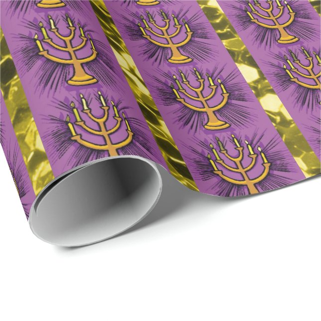 Menorahs Purple & Gold Faux Glitter Wrapping Paper (Roll Corner)