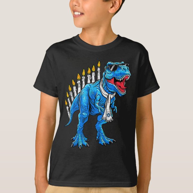 Menorasaurus Hanukkah T Rex Dinosaur Dino Chanukah T-Shirt (Front)