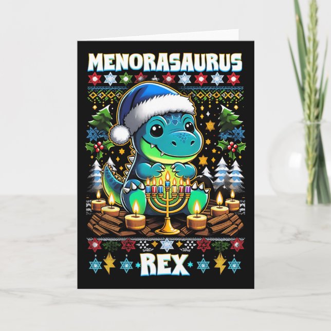 Menorasaurus Rex Dino Trex Ugly Christmas Sweater  Card (Front)