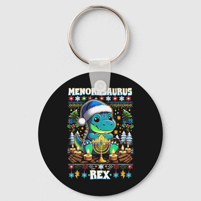 Menorasaurus Rex Dino Trex Ugly Christmas Sweater  Keychain (Front)
