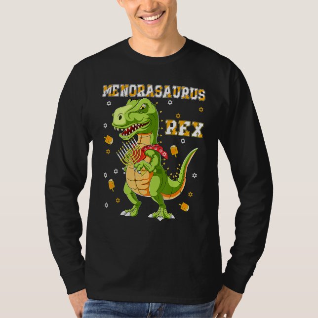 Menorasaurus Rex  Dinosaur Rex Hanukkah Menora Pun T-Shirt (Front)