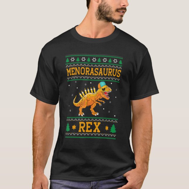 Menorasaurus Rex  Dinosaur Rex Hanukkah Menora Pun T-Shirt (Front)