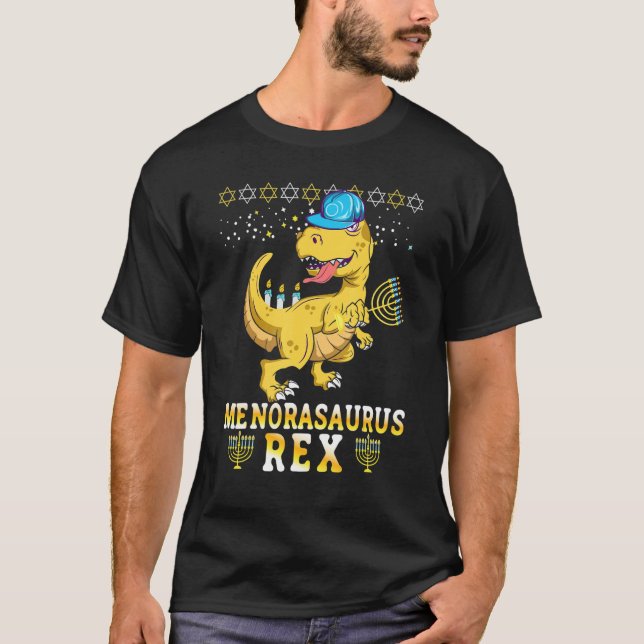 Menorasaurus Rex  Dinosaur Rex Hanukkah Menora Pun T-Shirt (Front)