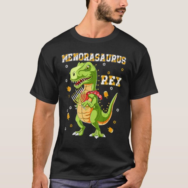 Menorasaurus Rex  Dinosaur Rex Hanukkah Menora Pun T-Shirt (Front)