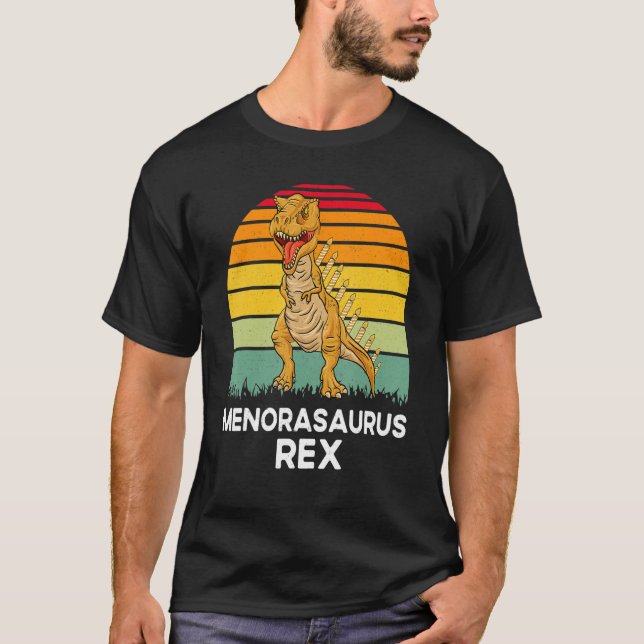 Menorasaurus Rex  Dinosaur Rex Hanukkah Menora Pun T-Shirt (Front)