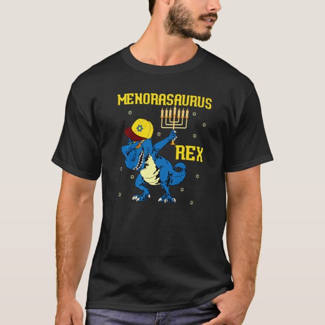 Menorasaurus Rex  Dinosaur Rex Hanukkah Menora Pun T-Shirt (Front)