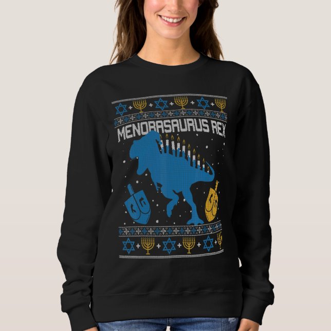 Menorasaurus Rex Dinosaur T Rex Hanukkah Menorah B Sweatshirt (Front)