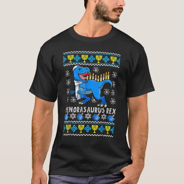 Menorasaurus Rex Trex Menorah Ugly Hanukkah Chanuk T-Shirt (Front)