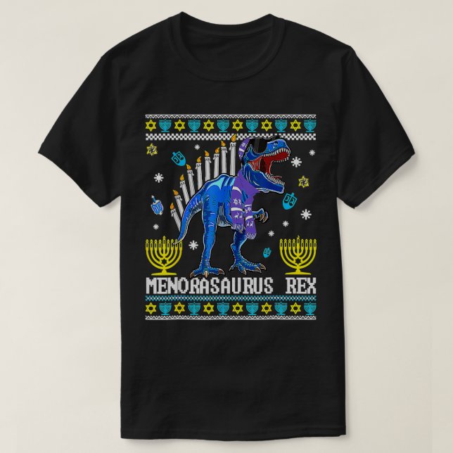 Menorasaurus Rex Trex Menorah Ugly Hanukkah Chanuk T-Shirt (Design Front)