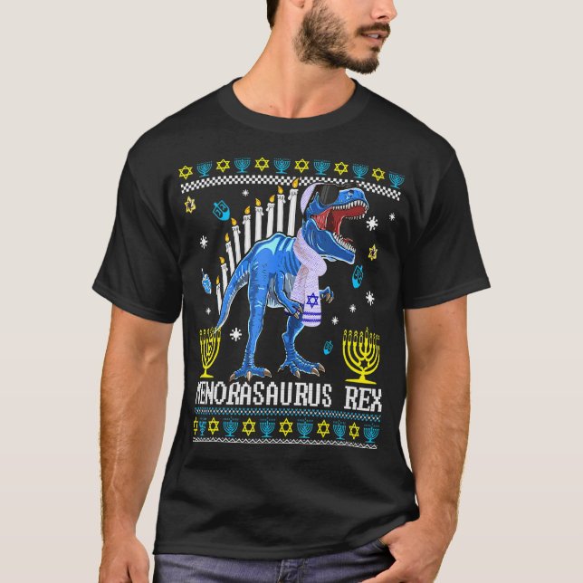 Menorasaurus Rex Trex Menorah Ugly Hanukkah Chanuk T-Shirt (Front)