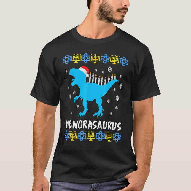 Menorasaurus Rex Ugly Hanukkah Sweater Dinosaur Re (Front)