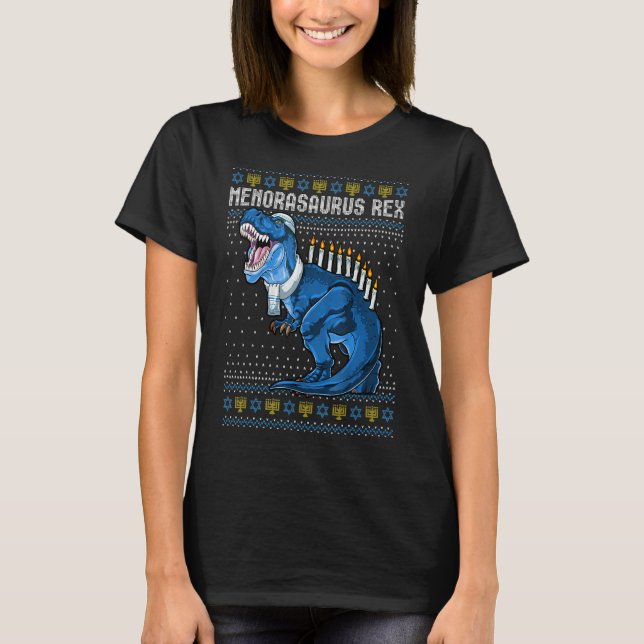 Menorasaurus Rex Ugly Hanukkah Sweater Dinosaur Re (Front)