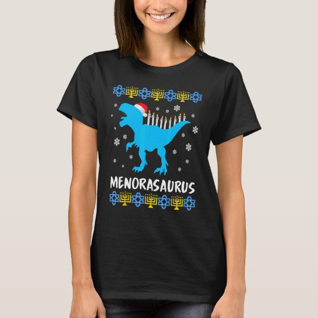 Menorasaurus Rex Ugly Hanukkah Sweater Dinosaur Re (Front)