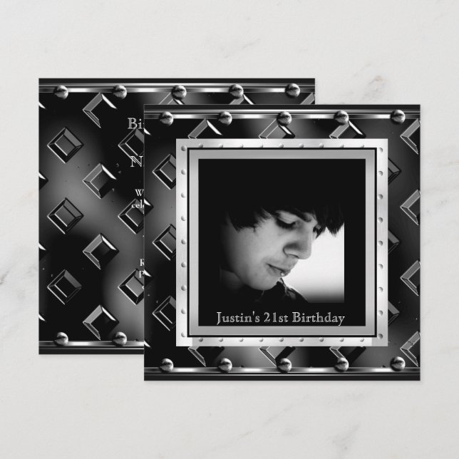 Mens 21st Birthday Party Black Metal Look Invitation (Front/Back)