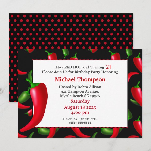 Men's 21st  Red Hot Pepper Birthday Invitations (Front/Back)