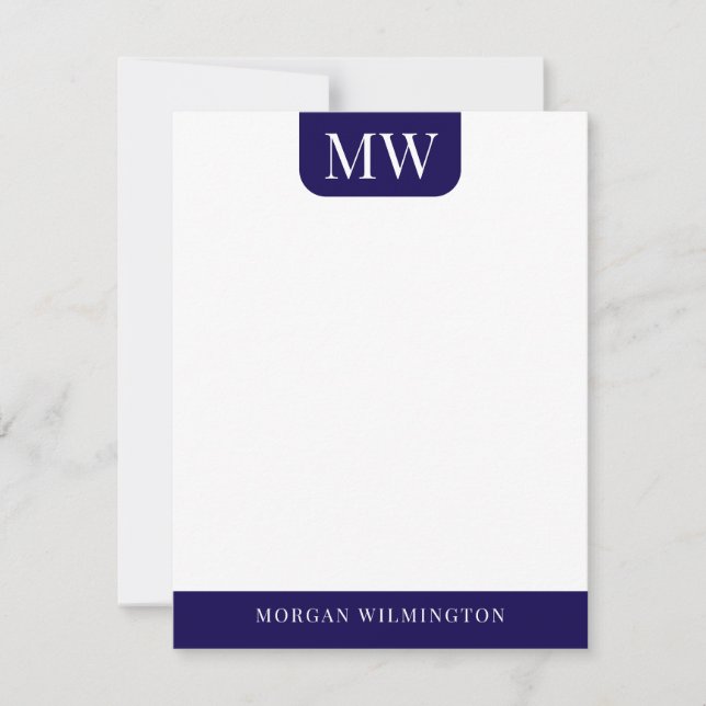 Men's 2 Initials Professional Navy Blue Note Card (Front)