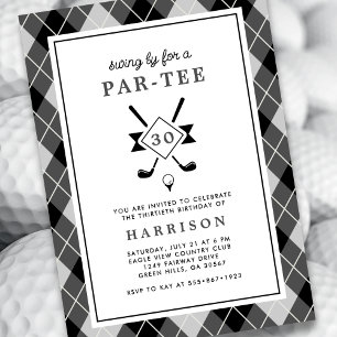 Mens 30th Birthday Golf Modern Argyle Black Invitation