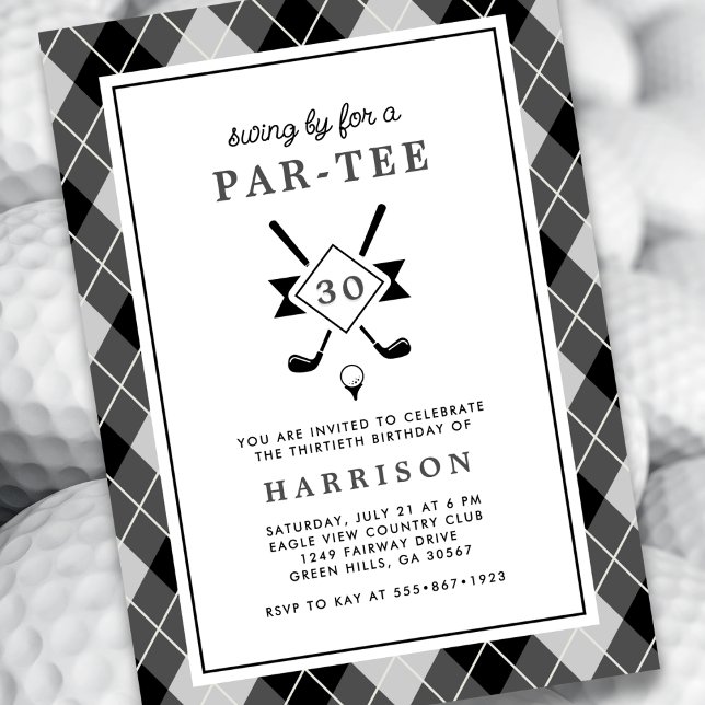 Mens 30th Birthday Golf Modern Argyle Black Invitation (Creator Uploaded)