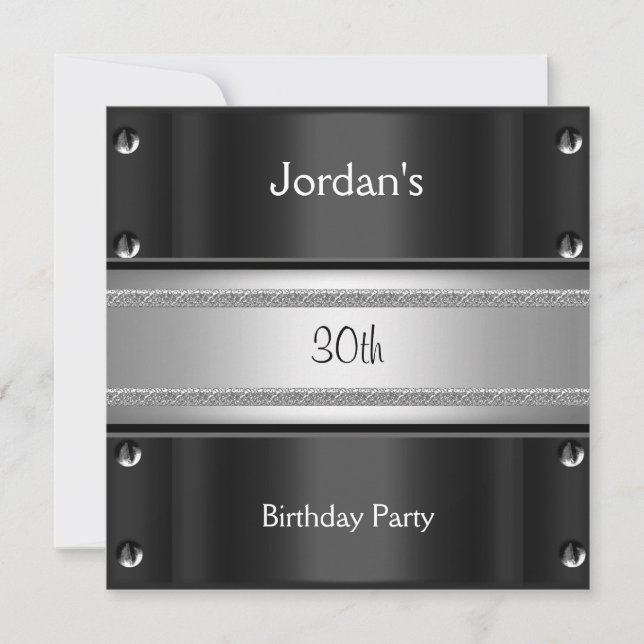 Mens 30th Birthday Party Metal Black Silver Invitation (Front)