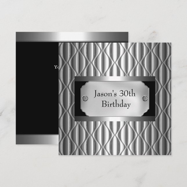 Mens 30th Metal Chrome Black White Style Silver Invitation (Front/Back)