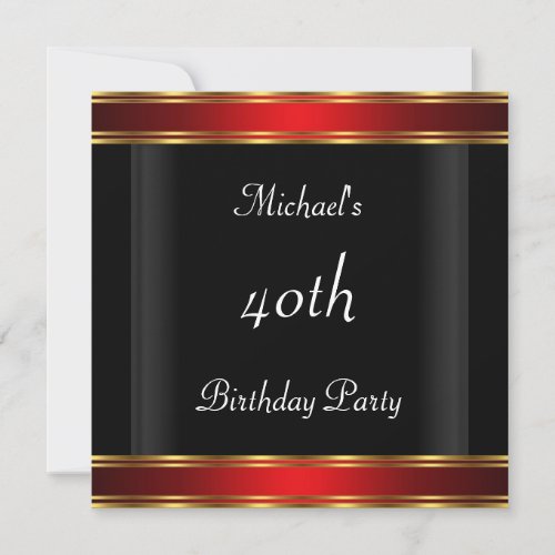 Mens 40th birthday Party  Black Red Art Deco Invitation