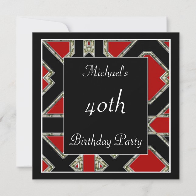 Men's 40th birthday Party  Black Red Art Deco Invitation (Front)