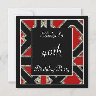 Men's 40th birthday Party  Black Red Art Deco Invitation