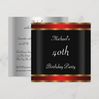 Men's 40th birthday Party  Black Red Art Deco Invitation