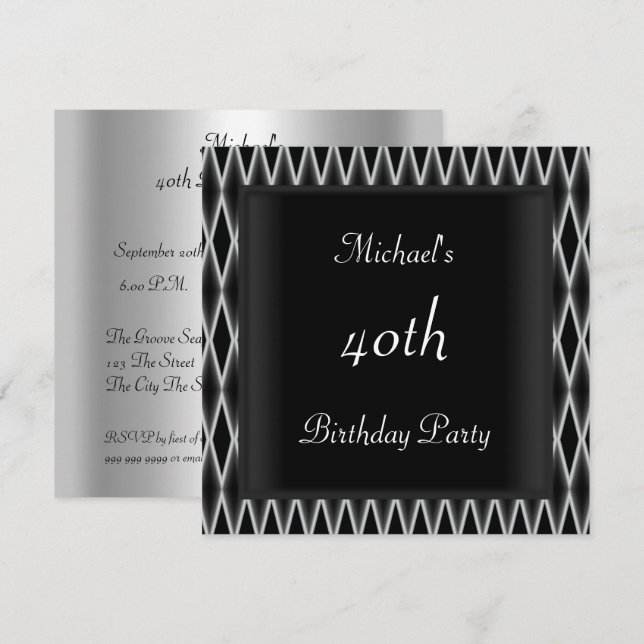 Men's 40th birthday Party  Black Red Art Deco Invitation (Front/Back)