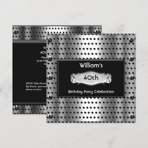Mens 40th Birthday Party Silver Metal Studs Black Custom Invitation
