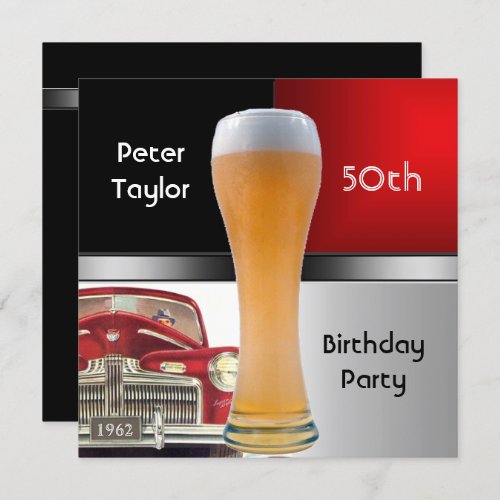 Mens 50th 1962 Birthday Red Retro Red Car Beer Invitation