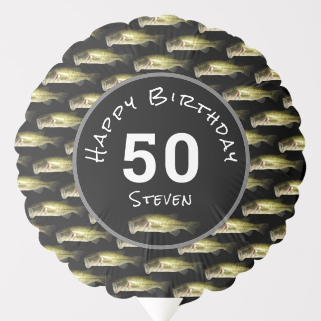 Mens 50th Birthday Bass Fishing Black Personalized Balloon (Front)