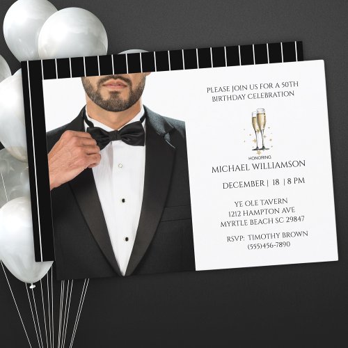 Mens 50th Birthday Black Tuxedo Ball Invitation