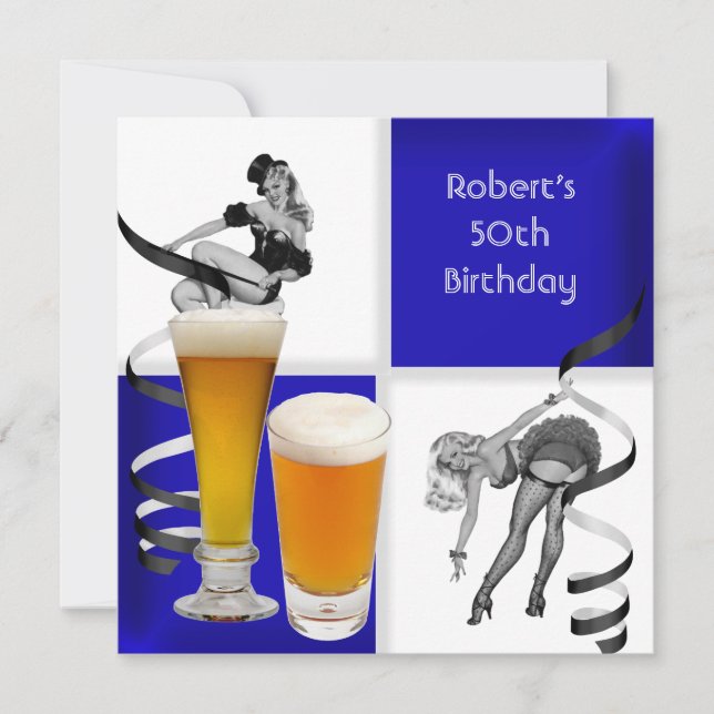 Mens 50th Birthday Blue Check Retro Girl Beer Invitation (Front)