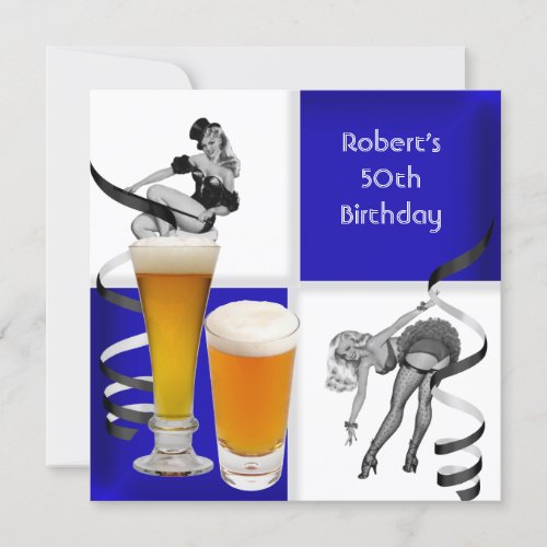 Mens 50th Birthday Blue Check Retro Girl Beer Invitation